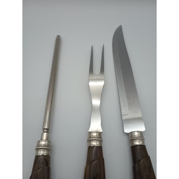 Sheffield Carving Set Bakelite Swirled Butterschotch MCM Fork Knife Sharpen Rod - Picture 5 of 10